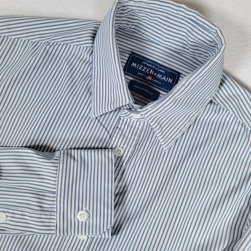 Mizzen + Main Leeward Long Sleeve Blue Stripe Shirt Mens Medium‎ Standard Fit